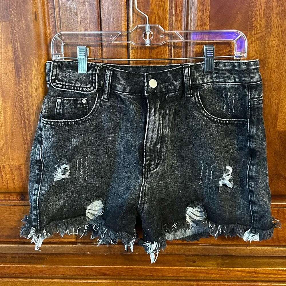 Distressed Black Denim Shorts